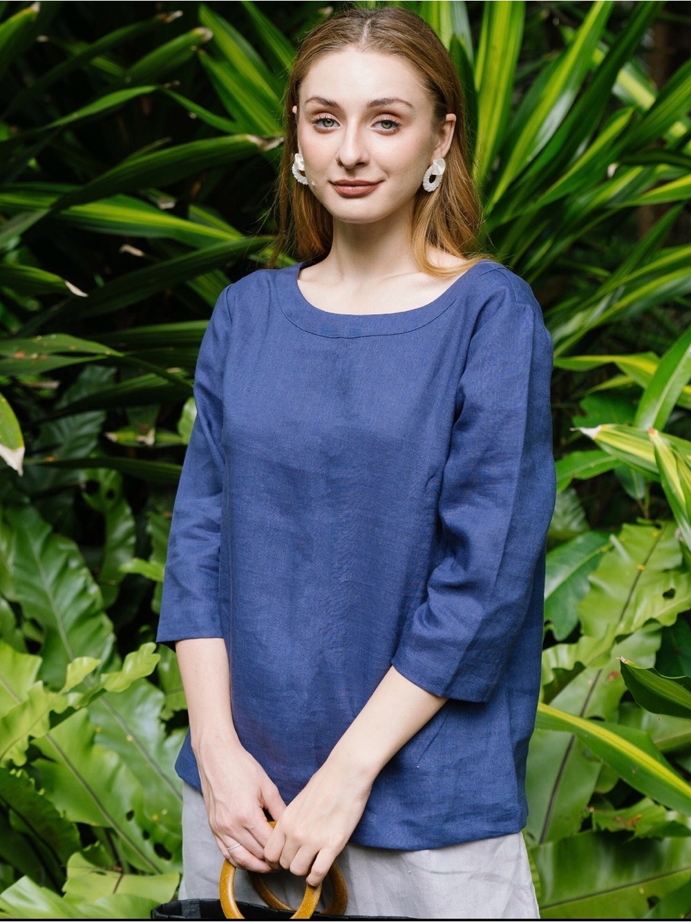 Martha Stewart Collection 100% Linen Boatneck Top - Indigo Blue (Size M)